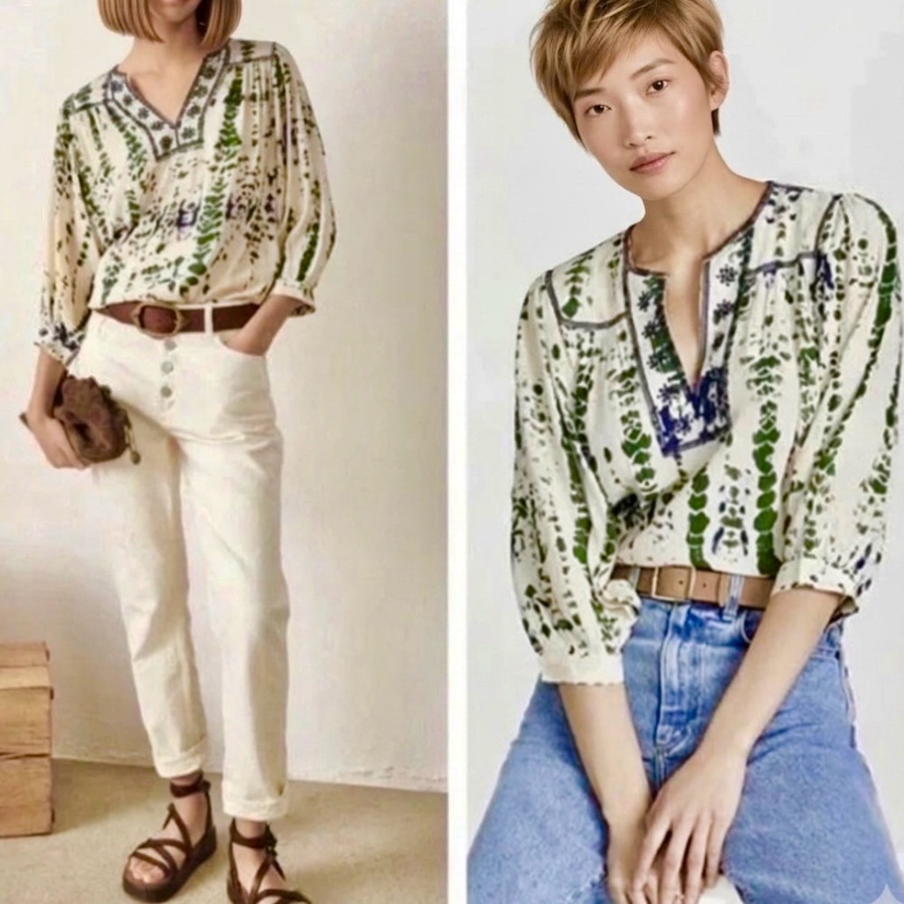 Ba&Sh women’s Idris  Blouse 3/4 sleeves Tye 
-dye Embroidery off-white top SZ XS